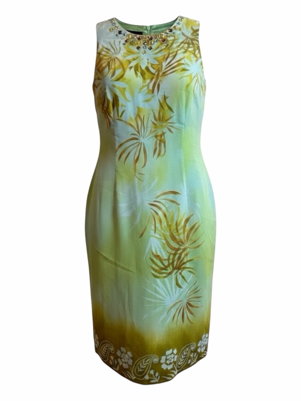 Vintage Donna Morgan 100% Silk Tropical Palm Print Beaded Sheath Dress 8